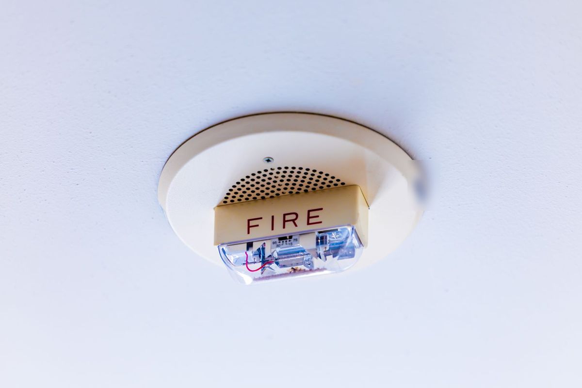 Ceiling-mounted fire alarm sounder on a white ceiling, part of the fire detection system an office fit-out must keep working